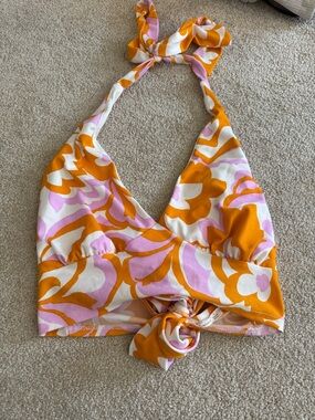 Timing Orange, Pink & White Floral Halter Tie Crop Top